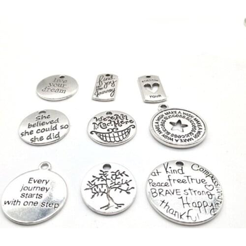 20/60PCS Two Colors Mix Styles Metal Zinc Alloy Pendant Charms DIY Vintage Jewelry Bracelet Aceessories Letter Motivational tags