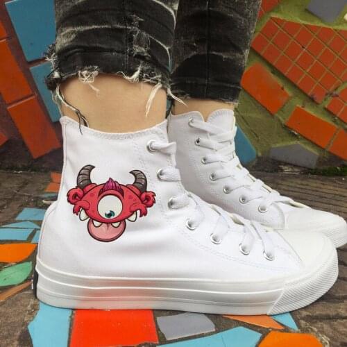 Wen Original Unisex Design Nifty Lovely Cartoon Little Monsters Cross-eyed White Black Canvas High Sneakers Skate for Boy Girl