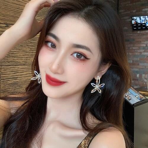 TIMEONLY Luxury Bling Bling Rhinestones Flowers Dangle Earrings Silver Gold Color Hollow Floral Earring for Women Gril Jewelry