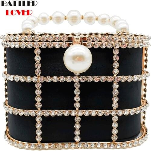 Pearl Basket Evening Clutch Bag Women Famous Brand Hollow Out Flowers Beaded Metallic Clutch Purse Korean Bucket Handbag Party