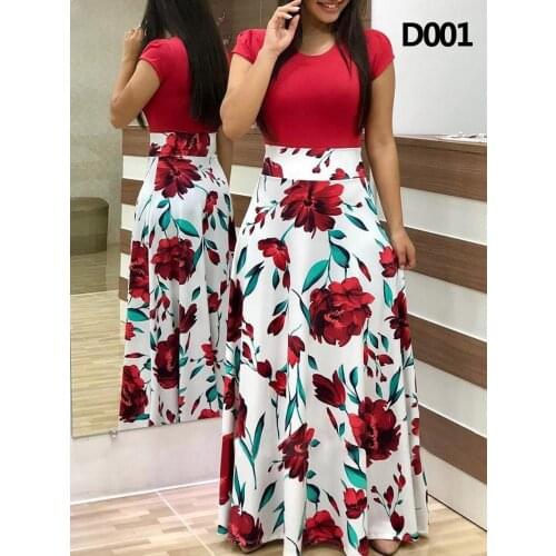 Spring Summer Women Floral Print Short Sleeve Maxi Dress Patchwork Long Dresses 8027