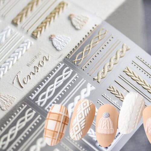 1pcs Winter Knit Sweater Cloth Pattern 5D Nails Decal Engraved Embossed Nail Art Adhesive Decals For new year Valentines gift