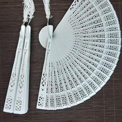 120Pcs Personalized Printing White Wood Folding Hand Fan Wooden Fold Fans Customized Wedding Party Gift Decor Favors Organza bag