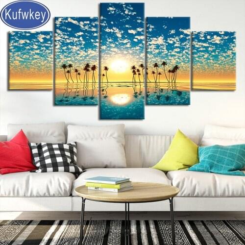 5 Panels diamond Painting full square Sea Sunset picture round mosaic diamond art 3d cross Stitch Modern Landscape stickers
