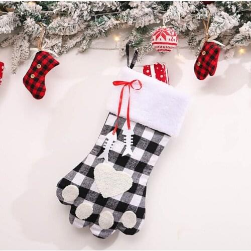 50LB Lattice Dog Paw Christmas Stockings Candy Bag Xmas Element Stocking for Family