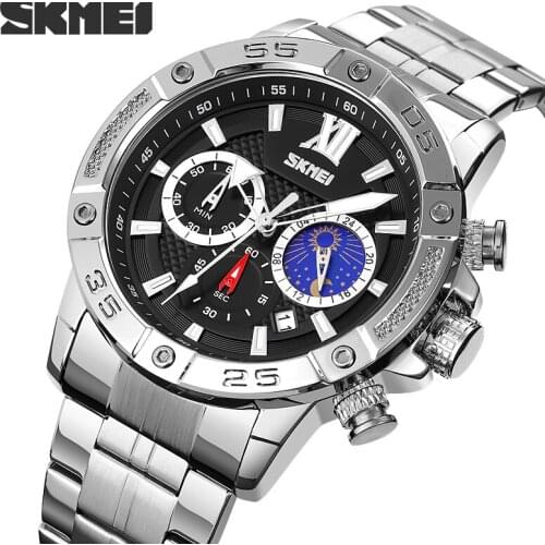 SKMEI Japan Quartz Movement Mens Watches Waterproof Luxury Stainless Steel Moon Phase Chrono Wristwatch Clock Relogio Masculino