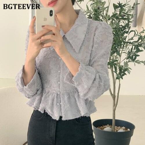 BGTEEVER Chic Elegant Turn-down Collar Short Women Shirts Blouses 2021 Summer Single-breasted Slim Waist Female Blouses Tops