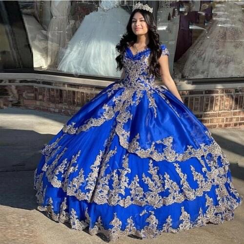 Elegant Off the Shoulder Royal Blue Quinceanera Dresses With Gold Appliqued Ball Gowns Prom Dresses Lace-up Sweet 16 Party Gowns