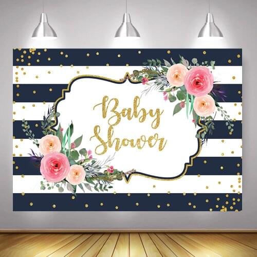 Floral Baby Shower Backdrop for Photography Newborn Birthday Party Background Decoration Stripes Gold Dots Flowers Photo Shoot