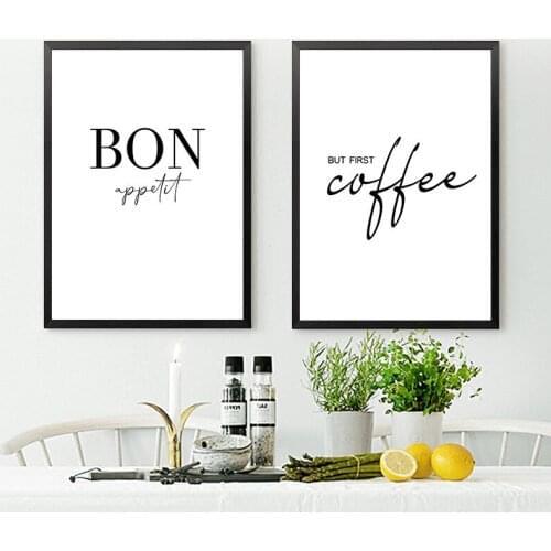 Kitchen Art Decor But First Coffee Posters Bon Appetit Print Black White Wall Art Canvas Painting Picture For Dining Hall