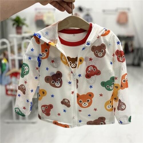Summer Toddler Kids Sun Protection Clothes 2021 New Girls Boys Cartoon Breathable Jacket Childrens Cute Bear Hooded Zipper Coat