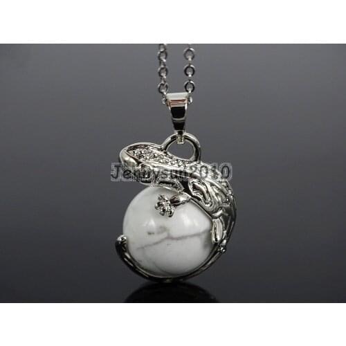 Natural White Howlite Gem Stone Round Ball Chakra Lizard Pendant Necklace Beads Healing Jewelry Design 10Pcs/Pack