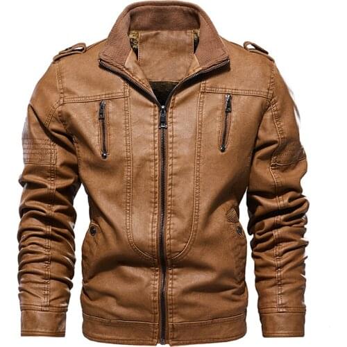 New Brand Thick Fleece Leather Jackets Men Winter Casual Stand Collar Soft Washed Faux Leather Coat Mens Motorcycle Biker Jacket