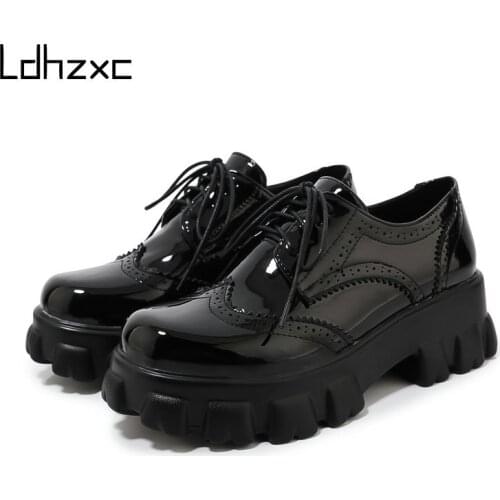 LDHZXC New Black High Heels Shoes Women Pumps Fashion Patent Leather Platform Shoes Woman Round Toe Shoes Mujer