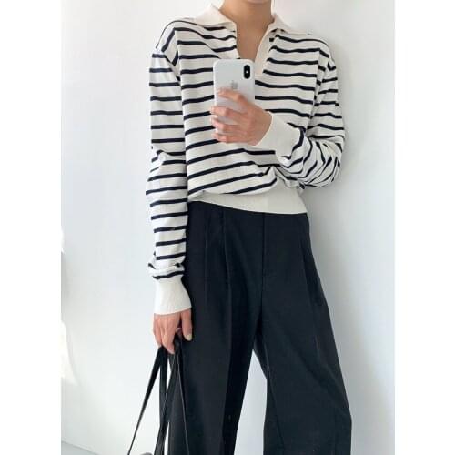 Early Autumn 2021 New Retro Lapel Pullover Loose Casual Versatile Long Sleeve Striped T-Shirt Womens