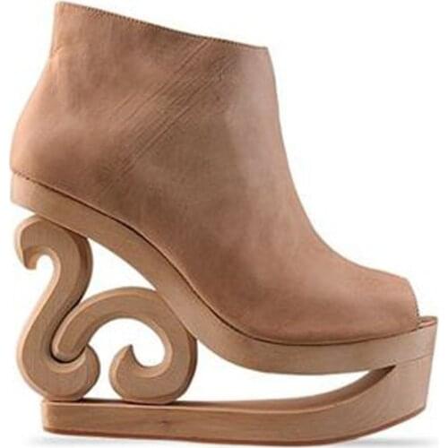 Luxury Fretwork Wood Heel Ankle boots Peep Toe Woman High Platform Carved Abnormal Wedge Heels Summer Real Leather Wedding Shoe