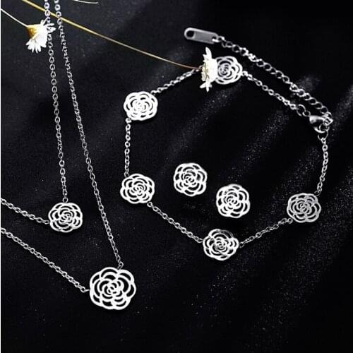 Silver Flower Bracelet Earrings Necklace Jewlery Sets for Women Gift Fahion TZ0014-YS