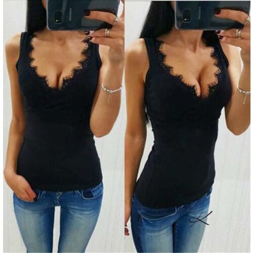 Hot Stylish Ladies Lace Deep V Sleeveless Tops New 2018 Summer Fashion Womens Shirt Tops Sexy Slim Casual Tank Vest Tops Blouse