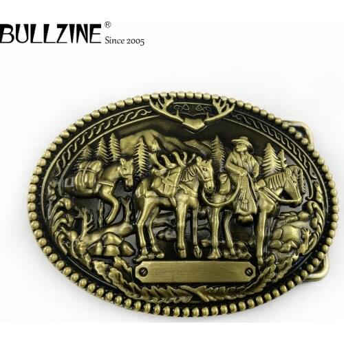 The Bullzine western horse belt buckle with antique brass finish FP-03573-1 for 4cm width snap on belt