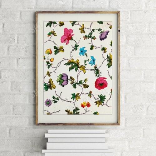 Multi-Coloured Flower and Leaf Design Floral Pattern Vintage Poster, Retro Wall Art Print