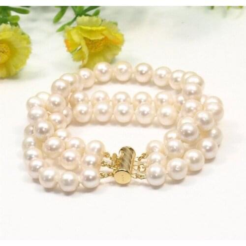 3 ROW 8-9MM JAPANESE AKOYA WHITE PEARL BRACELET SOLID GOLD MARKED 7.5-8"