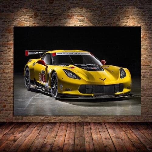 Sportscar Corvette C7R Yellow Vehicle Posters Modern Wall Art Picture Prints for Living Room Home Decor Canvas Painting Unframed