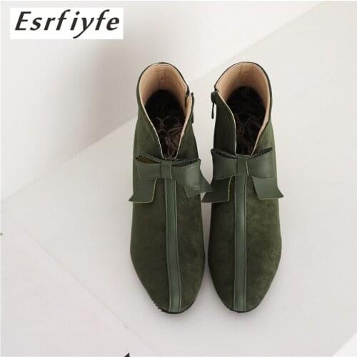 ERSFIYFE 2020 New Women Boots Flock Ankle Boots Autumn Winter Women Boots Ladies Bowknot Party Western Boots Plus Size 28-46