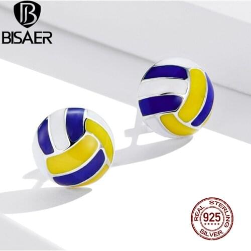BISAER Volleyball Stud Earrings 100% 925 Sterling Silver Enamel Round Earrings For Women Sports Ball Fashion Jewelry ECE902