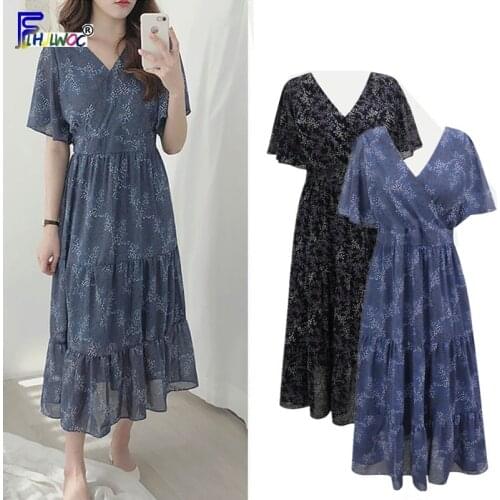 Women Floral Vintage Dresses Hot Koran Style Clothes Design Holiday Date Wear Slim Waist A Line V Neck Blue Black Chiffon Dress