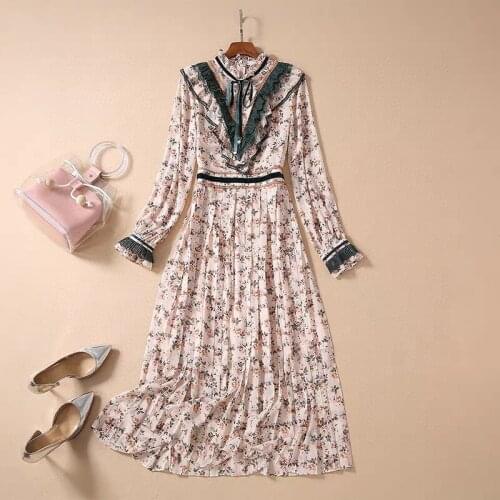 Women 2021 Bohemian High Quality Runway Fashion Ruffles Floral Print Bow Lace Patchwork Long Elegant Dress