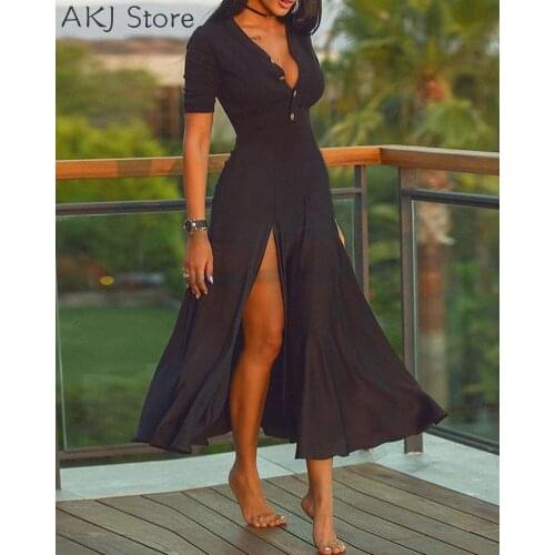 Women Solid Color V-Neck High Slit Midi Dress Elegant Party Dress