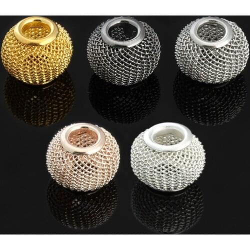 10pcs 12x10mm Round Hollow Mesh Metal Charms Big Hole Beads - Gold / Silver