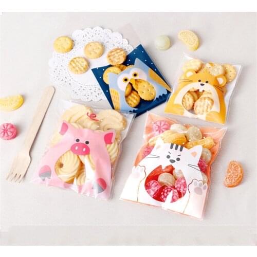 100Pcs Candy Bag Cookie Bag Cute Big Mouth Animal Wedding Birthday Cookie Candy Gift Packaging Bags Self Adhesive Party Favors