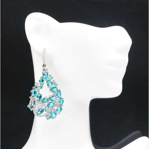 61x40mm Awesome Big Size Rich Blue Aquamarine CZ Women Silver Earrings Wholesale Eye Catching