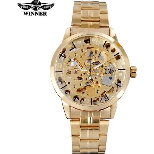 WINNER famous brand men watches luxury mechanical skeleton watches skeleton stainless steel band gold dials relogio masculino