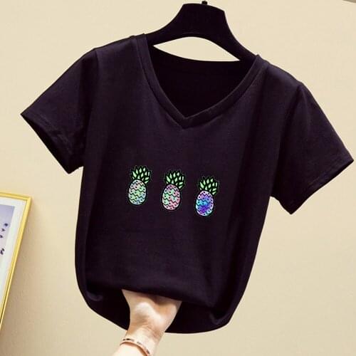 Plus Size Women Tops 2020 Summer Pineapple Ladies T Shirt Top V-neck Slim Short Sleeve Tshirt Female Casual Tee Poleras Mujer