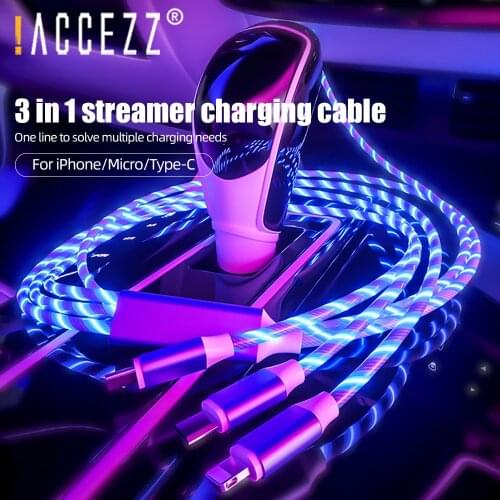 !ACCEZZ Flowing Light 3 in 1 USB Cable Micro USB 2.4A Fast Charging Type C Cord For iPhone 8 Realme Xiaomi Redmi Note 9s Cables