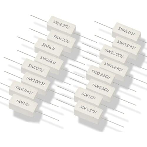 10PCS/lot 5W ceramic cement resistor R5J 0.1R 0.5 1R 2 3 4.7 10R 20R 50 Euro 100 ohm