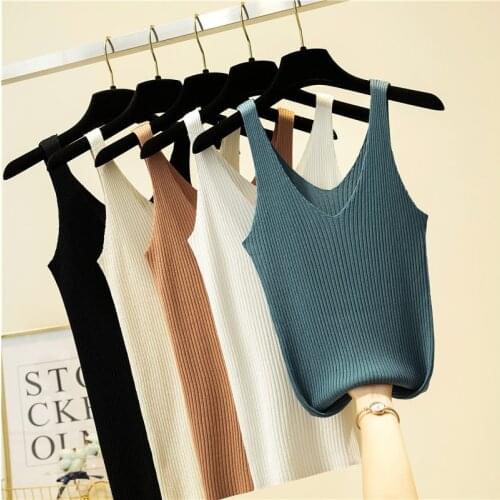 Summer Women Solid Sleeveless Knit Elastic Slim Tank Top Cami Sling Tops Vest Ladies Casual Camisole 2021 Korean Fashion Clothes
