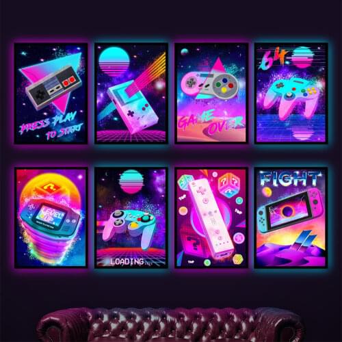 Retro Game Neon Poster Gamepad Canvas Painting Wall Art Prints Gamer Gift Nordic Home Decor for Game Room Living Room