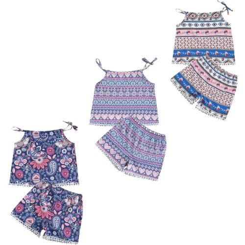 2-7Y Kids Baby Girl Clothing Boho Floral Geomertric Print Sleeveless Crop Top+Shorts Summer Holiday 2pcs Set