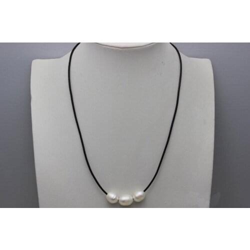 Handmade Leather Pearl Jewelry Black Leather 3 White & 1Black Freshwater Pearl Necklace 18 inches No Metal