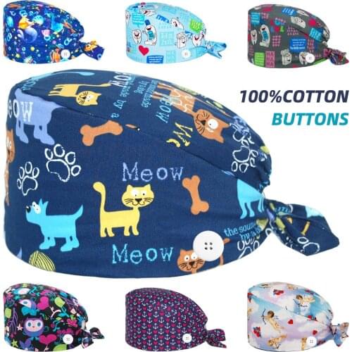New Anime Scrubs Cap with Buttons Adjustable Cotton Working Nursing Hat Women Men Dentist Clinic Chef Lab Nurse Surgicals Caps