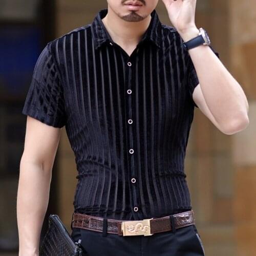 Vintage Sexy Velvet Stripe Shirt Men 2021 Quality Dress Shirt Nightclub Short Sleeve Plus Size Shirt Blue Black Masculino Casual