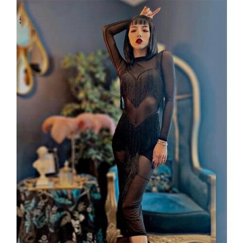 High Quality Latin Dance Dresses Fashion Mesh Long Sleeve Tassel Dancing Clothes For Women Ballroom Gatsby Latino Dress DWY3292