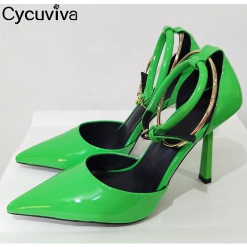 New High Heel Gladiator Sandals Green Leather Women Pumps Ankle Strap Ring Decor Party Shoes Woman Summer Sandalias Mujer 2021