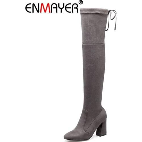 ENMAYER Women Over The Knee Boots Thigh High Boots Winter Pointed Toe Thick Heels High High Boots Lace Up Fashion Boots CR1017
