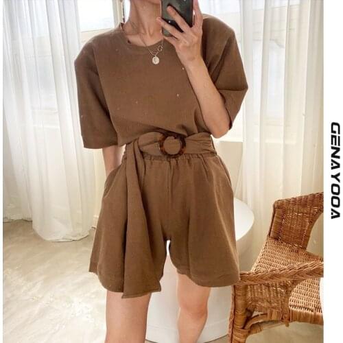 Genayooa Korean Shorts Set Women 2021 Summer Two Piece Set With Belt Office Lady Casual 2 Piece Sets Womens Outfit Short Suits