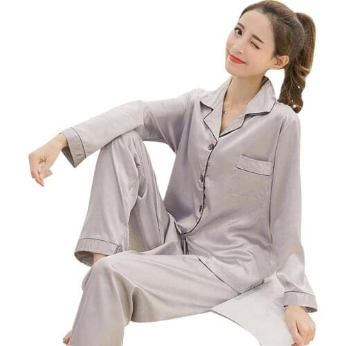 Women Solid Color Silky Pajama Set Long Sleeve Top Pants Two-pieces Sleepwear new
