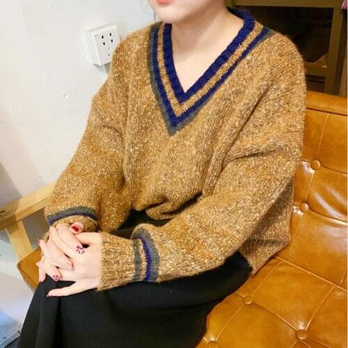 2020 Korean Women Autumn Winter Patchwork V Neck Twist Knitted Wool Sweater Long Sleeve Pullover Bling Jumpers Sequins
